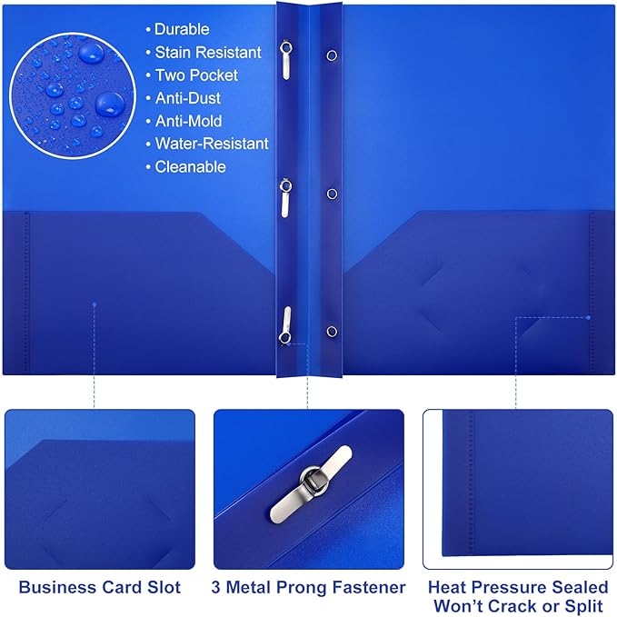 Cholemy 36 Pcs Plastic Pocket Folders with Prong 2 Heavy Duty Pockets Folders with 3 Prongs Letter Size Paper Folders Bulk File Plastic Folders with Fasteners for Office Workers (Blue)