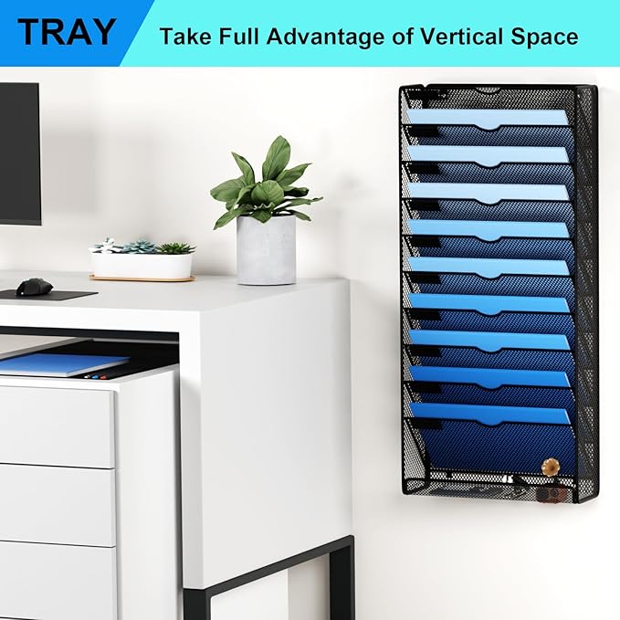 Hanging Wall File Organizer 10 Tier Wall Mounted File Holder Document Wall Organizer Magazine Organization for Office Home, Black