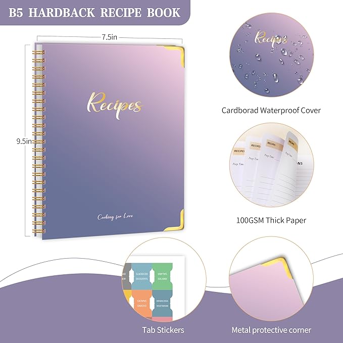 Blank Recipe Book to Write in Your Own Recipes, Blank Cookbook with 175 Pages for Family Cooking Lover, Recipe Notebook with Tab Sticker Sheets, Recipe Journal, Hardcover, 7.5" x 9.5"