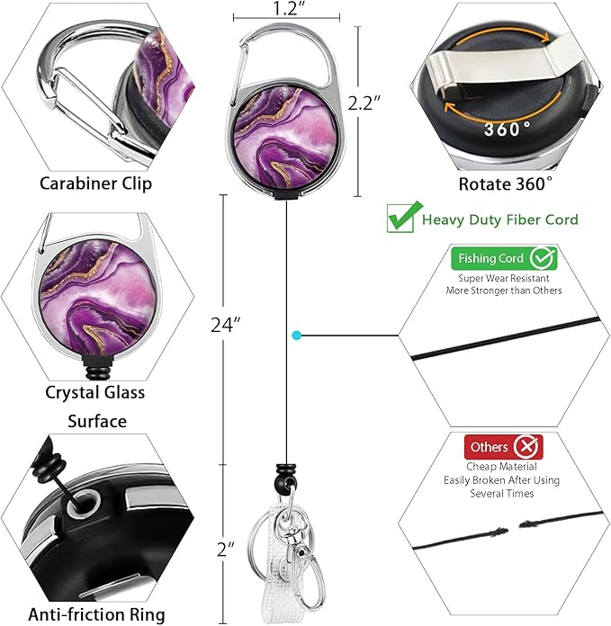 Purple Marble ID Badge Holder with Breakaway Lanyard, Fashionable Lanyards for ID Badges Women, Cute Badge Reel Retractable, ID Card Holder Keychain Name Badge Clip, Nurse Teacher Gifts