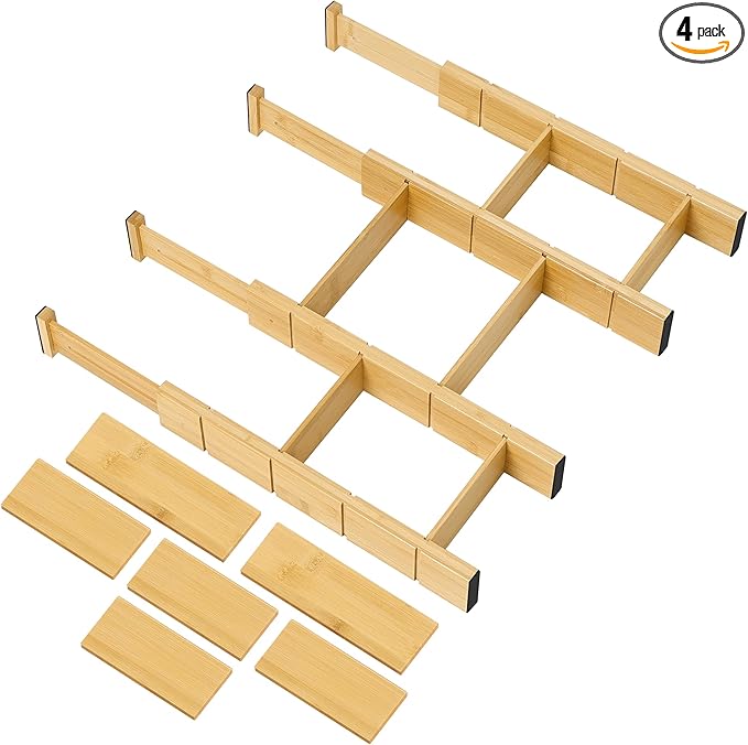 Utoplike Kitchen Drawer Divider with Inserts, Bamboo Drawers Organizer Adjustable, 4 pcs Large Expandable Wood Socks Drawer Organization for Dresser, Office, Spring Loaded