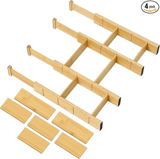 Utoplike Kitchen Drawer Divider with Inserts, Bamboo Drawers Organizer Adjustable, 4 pcs Large Expandable Wood Socks Drawer Organization for Dresser, Office, Spring Loaded