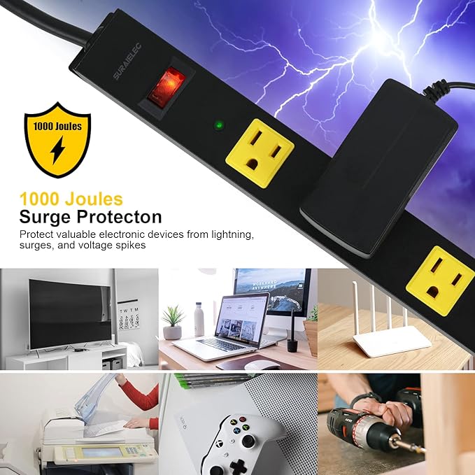 SURAIELEC 12 Outlet Long Metal Power Strip, 15 FT Cord Surge Protector, Angled Flat Plug, Wide Spaced Outlet Power Bar, 15A Breaker, Wall Mountable, Industrial Heavy Duty for Work Bench, Shop, Garage