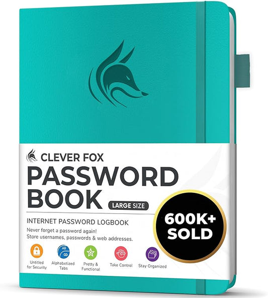 Clever Fox Password Book with alphabetical tabs. Internet Address Organizer Logbook. Large Password Keeper for Website Logins (Aquamarine)