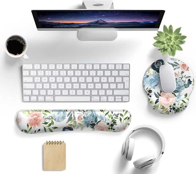 Green Blue Pink Floral Mouse Pad Wrist Support Keyboard Wrist Rest Set, Ergonomic Mouse Pad with Non-Slip Pu Base for Computer Office Comfortable Mouse Wrist Rest Easy Typing & Pain Relief Mouse Pad.