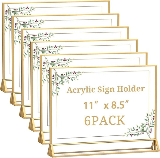 Clear Acrylic Sign Holder 11x 8.5 Horizontal Double Sided Gold Frame Flyer Holder for Wedding Table Number Menu Holder (6pcs)