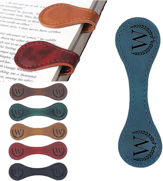 Artlaza Personalized Magnetic Leather Bookmark, 26 Letters Custom Leather Bookmarks, Handmade, Leather Magnetic Bookmark for Book Lovers Readers Women Kid(Blueï¼ŒWï¼‰