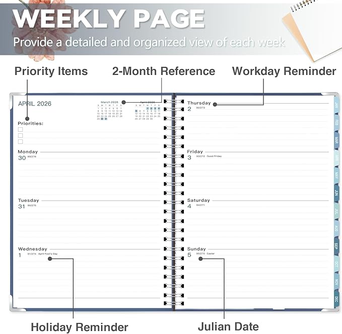 GuassLee Large 2026 Planner, Weekly and Monthly Planner from January 2026-December 2026, 8.5"x 11" Calendar Agenda Book with Back Pocket, Stickers for Home Office School Supply, Navy Blue