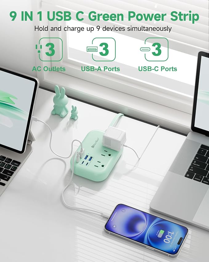 6 USB(3 USB C) Green Travel Power Strip- 5Ft Green Extension Cord with 6 USB Charging Station 24W and 3 Outlets, Cute Desk Accessories for Cruise Travel Kawaii Home Office Dorm Room