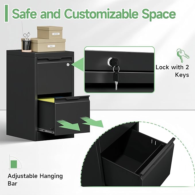 2-Drawer File Cabinet with Lock,Metal Vertical Filing Cabinets for Home Office,Under Desk File Cabinets for Letter/Legal/A4 Size Files,Easy Assemble,Black