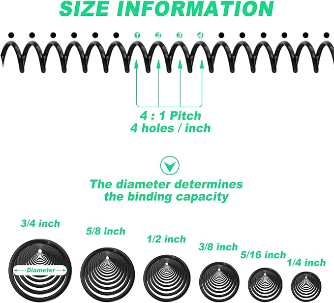 Leinuosen 120 Pack Plastic Spiral Binding Coils Kit Spirals Multi Size Coils for Binding Binder Combs Spines(1/4 5/16 3/8 1/2 5/8 3/4 Inch,Black)