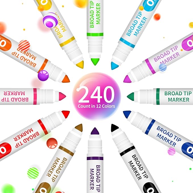Washable Markers Bulk, 240 Count, 12 Assorted Colors, Markers for Classroom, Broad Line Conical Tip, Large Capacity, School Art Supplies for Kids