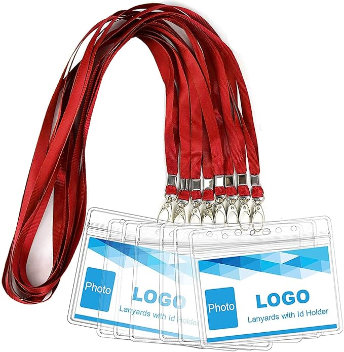 Lanyard with ID Holder 50 Pcs Waterproof Name Tag Badge ID Card Holders ID Pass Holder and 50 Pcs Flat Neck Lanyards Swivel Hook (Red, Horizontal)