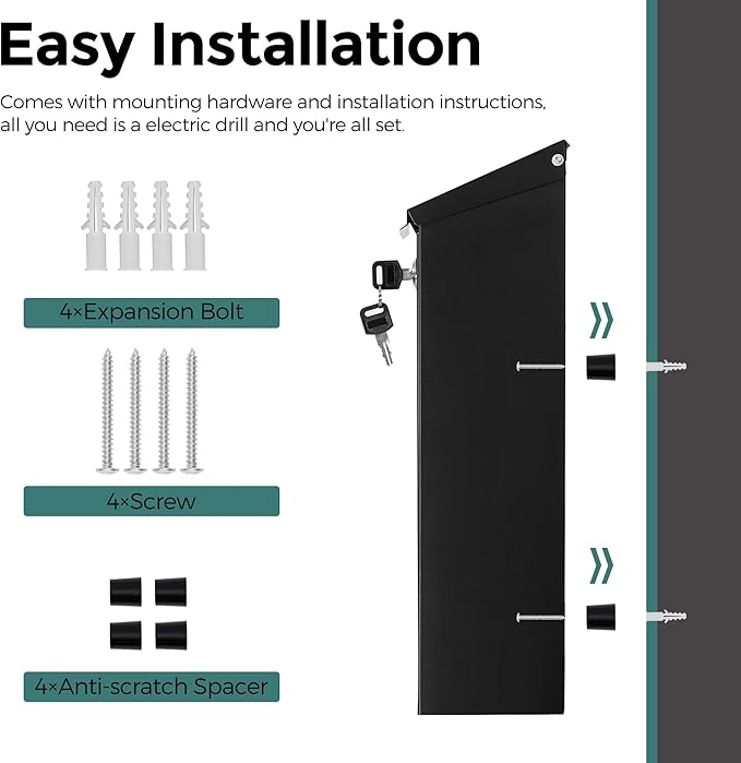 LAND·VOI Wall Mounted Mailbox with 4 Keys, Post Box for Wall and Fence, Viewing Windows, Nameplate, 3.94 x 9.8 x 15.6 Inches, Large Capacity, Includes Mailbox Numbers, Matt Black, AMB31B