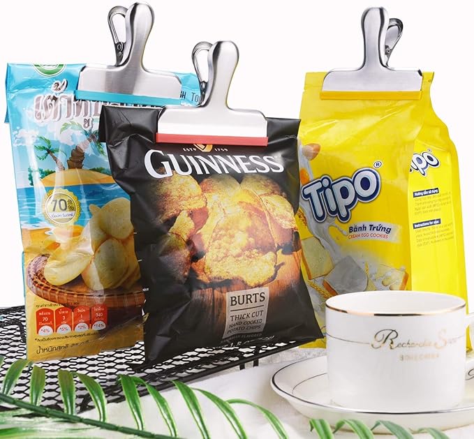 HOUSE AGAIN 12 Pack Stainless Steel Chip Bag Clips Covered with Silicone - NO More Sharp Edges - Color Coded for Food Bags - Air Tight Seal, Heavy Duty for Kitchen and Office, 3 Inches