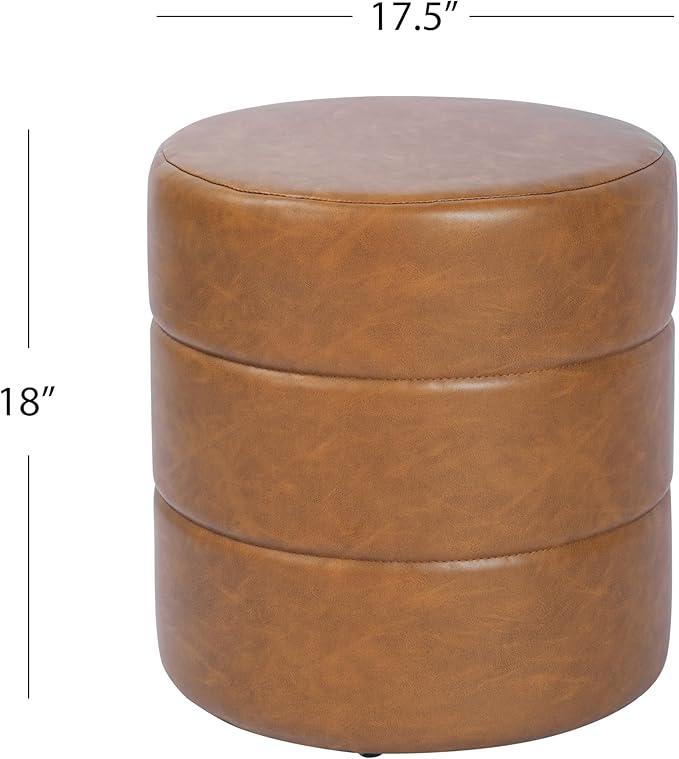 HomePop Upholstered Faux Leather Round Ottoman Home Décor|Foot Rest Ottoman- Carmel Brown