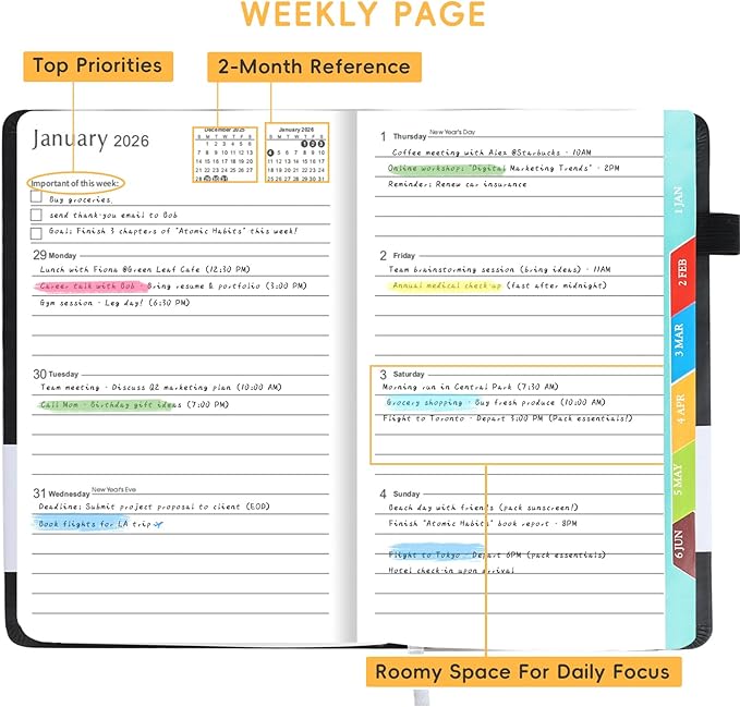 2026 Planner, A5 (5.6"x 8.5") Planner 2026 Jan-Dec, Monthly/Weekly/Daily Tabs with Contacts & Holidays, PU Leather Cover & 100gsm Paper, Organizer for School and Business Supplies (Black)