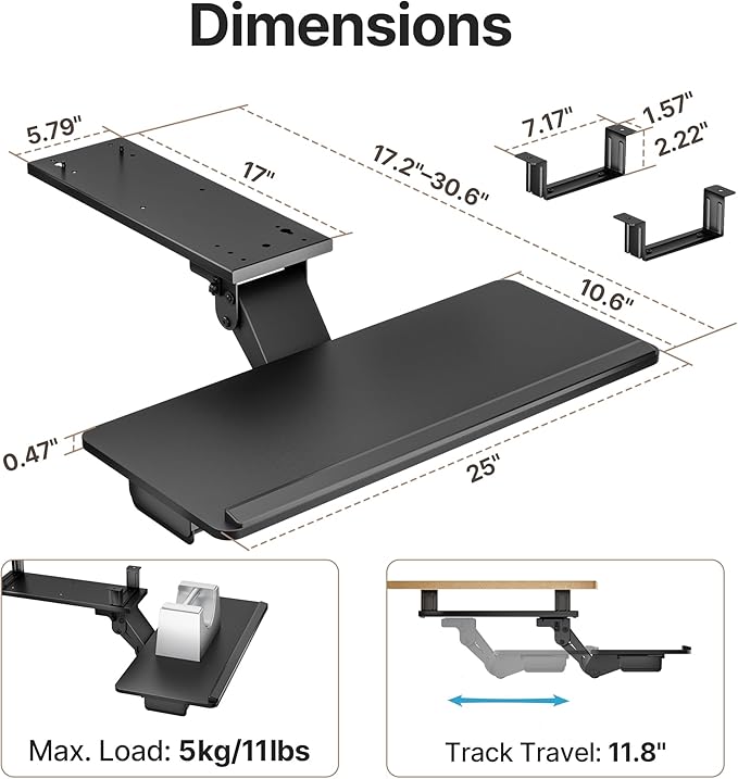 Keyboard Tray Under Desk with Storage Drawer, Height Adjustable Keyboard Tray Slide Out Swivel Tilt, Ergonomic Under Desk Mount Keyboard & Mouse Holder for Gaming Home Office, 25x11'', Black