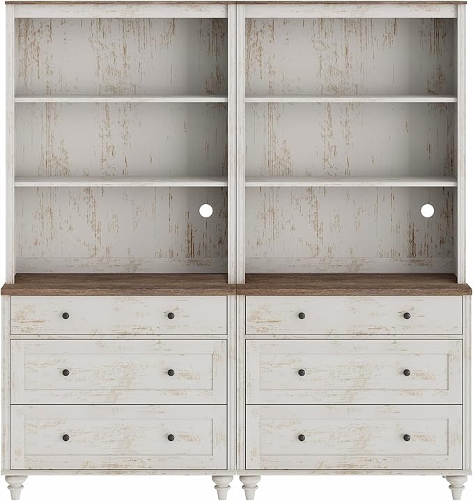 WAMPAT 3 Tier Bookshelf with 3 Drawers, 72" Tall Bookcase Large Farmhouse Display Book Case Shelf with 3-Tier Open Book Shelfs，Library Wood Bookshelves for Living Room,Kitchen, Rustic White (2PCS)