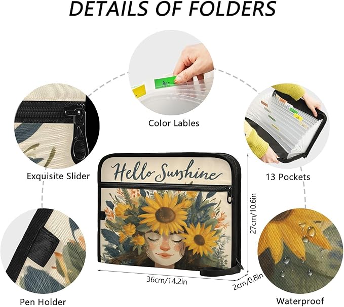 Cute Girl with Sunflowers Expanding File Organizer with 13 Pockets Accordion File Folders with Labels,Portable Document Paper Bill Receipt Organizer,Home College School Office Supplies, Letter