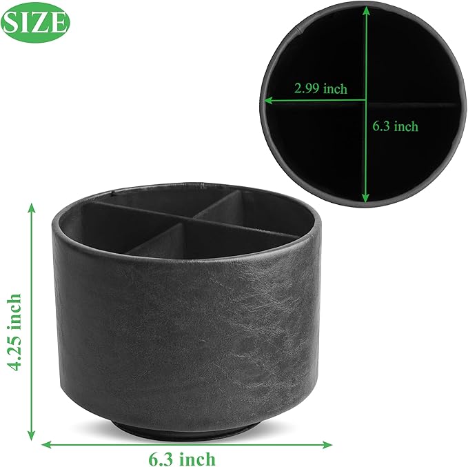 Hennaja Round Leather Art Supply Organizer,Remote Control Holder,360 Degree Spinning,Multi-Functional Pencil Holder,4 Compartments Desktop Stationary Organizer(1-Oil Black)