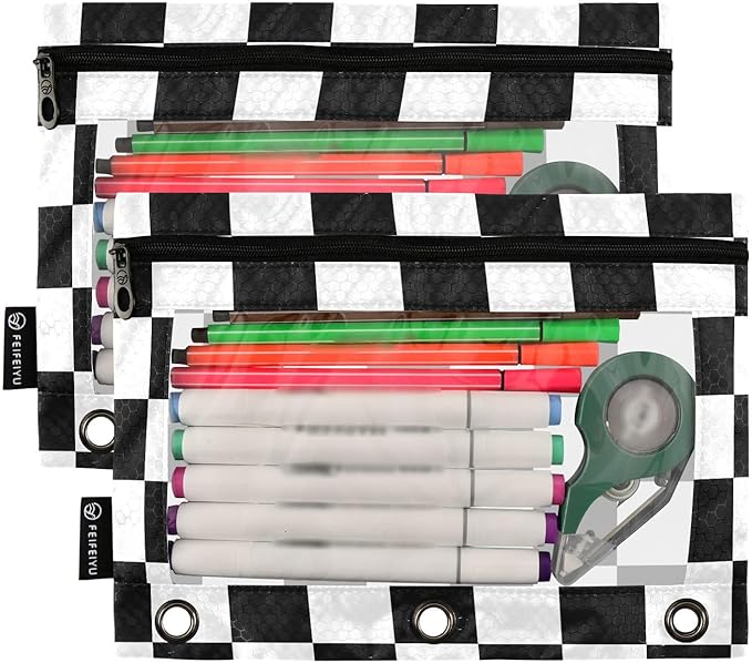 ALAZA Pencil Pouch for 3 Ring Binder, Black White Checkered Plaid Binder Pencil Pouches with Clear Window Zipper Pencil Case Cosmetic Bags for Office College Supplies, 2PCS