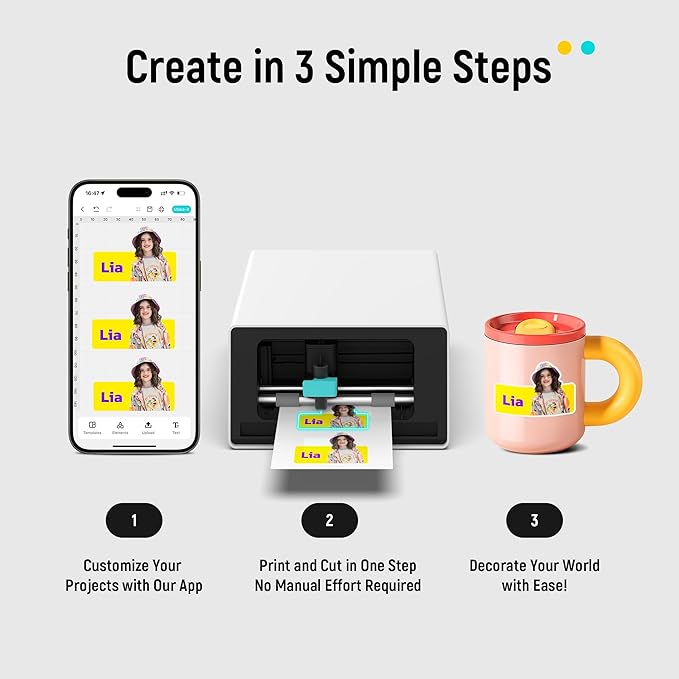 Liene PixCut S1 Color Sticker Printer & Cutting Machine - All-in-One Sticker Maker for DIY Crafts, Custom Labels & Gifts. Thermal Dye-Sublimation Photo Printer, 300 DPI, Precise AI Auto-Cutting