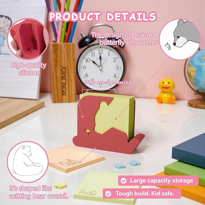 Li&Zhao Bear Sticky Note Holder - Cute Post It Note Dispenser Memo Dispenser Pen Holder Sticky Note Dispenser Post It Note Holder Notepad Holder for Desk School Office(Red)