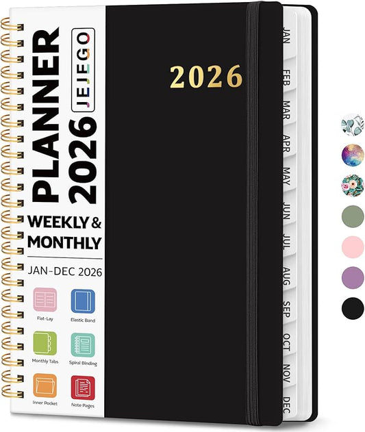 2026 Planner, Weekly and Monthly Calendar Planner Book, January 2026 - December 2026, Hardcover Spiral Planner with Monthly Tabs, Notes Pages, Perfect for Women & Men, A5 (6.4" x 8.5") - Black