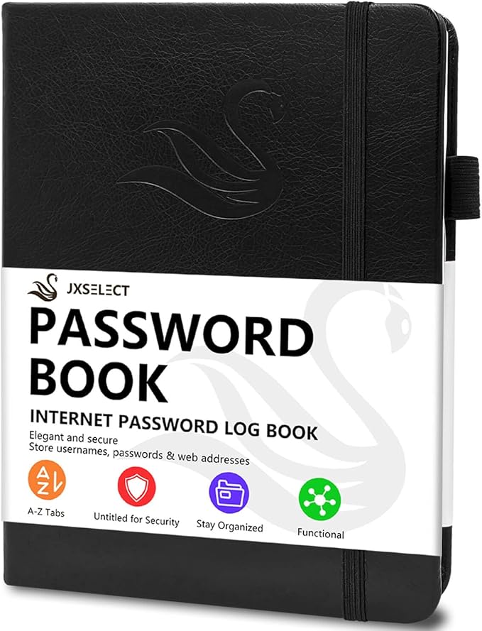 Elegant Password Book with Alphabetical Tabs - Hardcover Password Book for Internet Website Address Login - 7" x 10" Password Keeper and Organizer w/Notes Section & Back Pocket (Black)