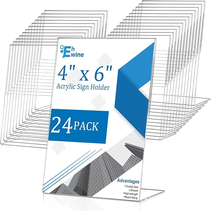 EHWINE 24 Pack 4 x 6 Acrylic Sign Holder, Clear Plastic Signs Display Stand, Vertical Slanted Back Paper Holder Stand up Table Top Sign Holders Flyer Stand Frames Suitable for Office Business Store