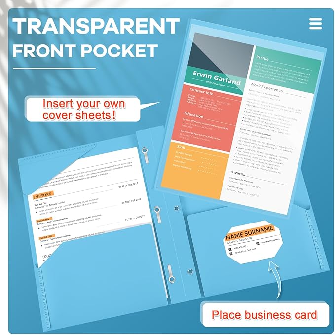 Henoyso 48 Pcs Plastic Folder with Clear Front Pocket and 3 Prongs Heavy Duty Plastic Folders with Card Slot Pocket Folders with Prongs for School Office Home(Light Blue)