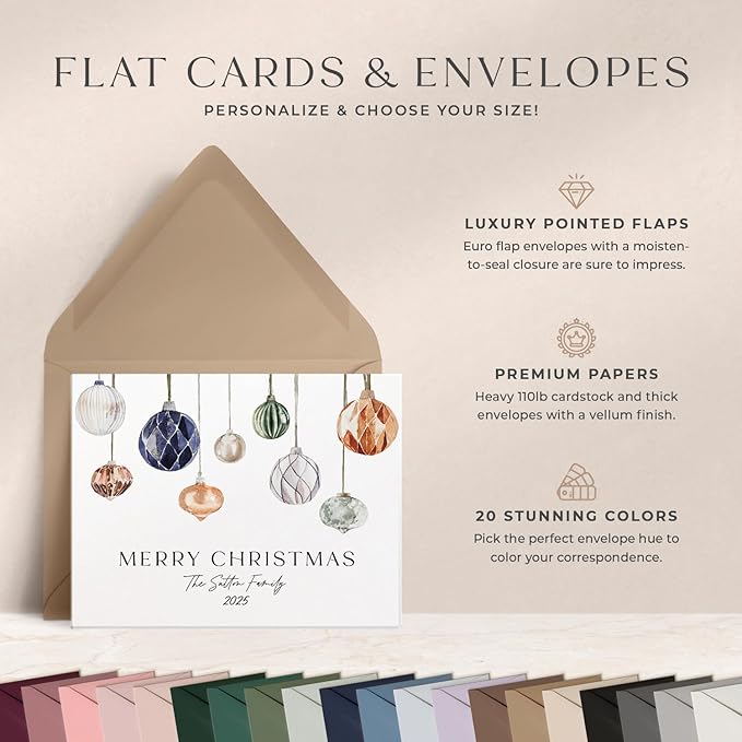 Personalized Stationery for Women & Men, A2 Notecards Family Christmas Cards Set, Watercolor Ornament Personalized Note Cards with Envelopes, Holiday Stationery Set - Baubles Flat