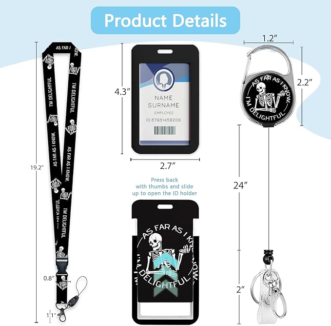 Funny Skeleton Badge Reel Retractable Heavy Duty with 360° Swivel Carabiner Clip, Sarcastic Xray ID Badge Holder with Breakaway Lanyard, ID Card Holder Keychain Name Badge Clip, Nurse Teacher Gifts