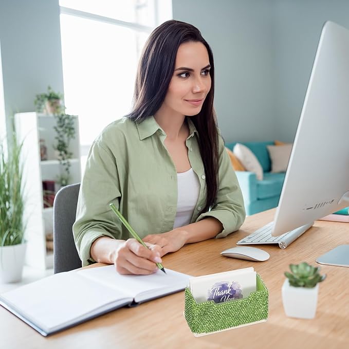 PATIKIL Rhinestone Business Card Holder, Crystal Business Card Holders Bling Business Card Organizer Display Stand for Desktop Desk Office Exhibition, Green