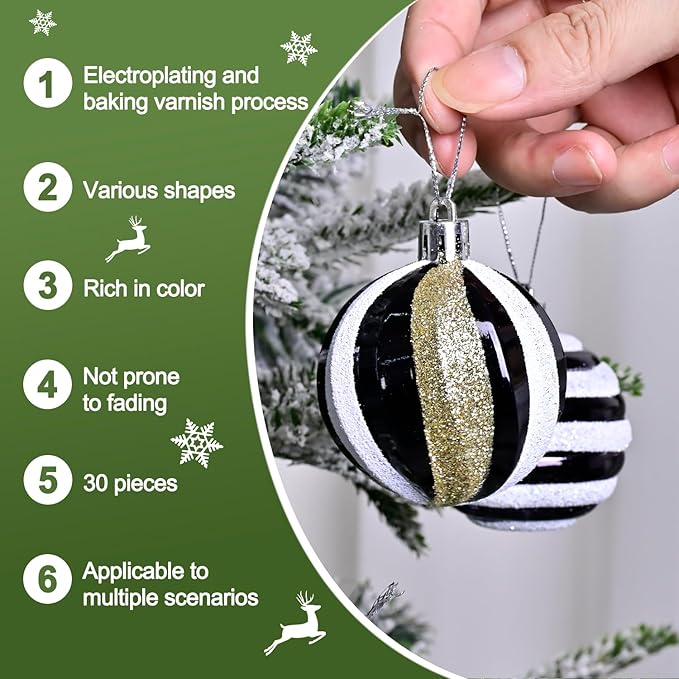 Christmas Tree Ball Ornaments 20ct Set, 2.36 Inch Black Gold White Classic Christmas Decorations, Shatterproof Hanging Ornaments for Xmas Holiday Decoration