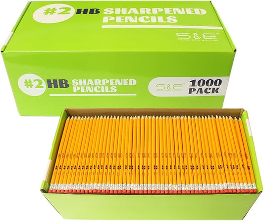 S & E TEACHER'S EDITION Woodcased #2 Pencils, Pre-sharpened, Yellow Pencils with Erasers #2 HB Lead Bulk Box, No. 2, Back to school, 1000Pcs