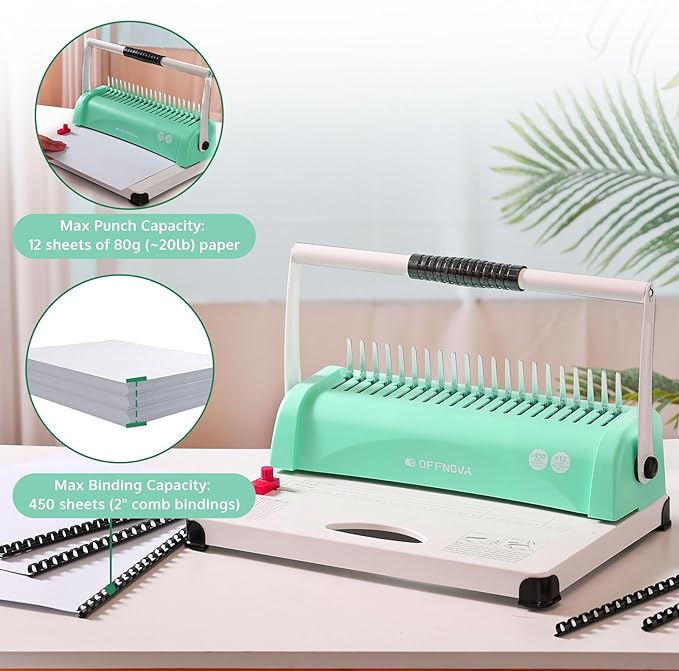OFFNOVA Binding Machine, 21-Hole 450 Sheets Paper Comb Binding Machine for Letter Size / A4 / A5 Paper, Easy to Punch Handle, Adjustable Margin, Book Binder with 100 PCS 3/8'' Comb Binding Spines