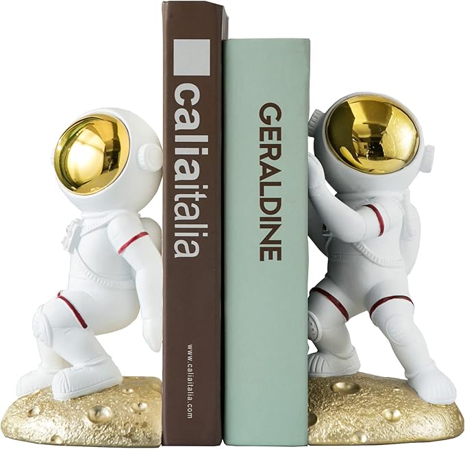 Space Theme Bookends for Shelves, Astronaut Moon Book Ends for Kids Room, Decorative Planet Book Stoppers to Hold Books Heavy Duty, Unique Boys and Girls Gift (Gold)