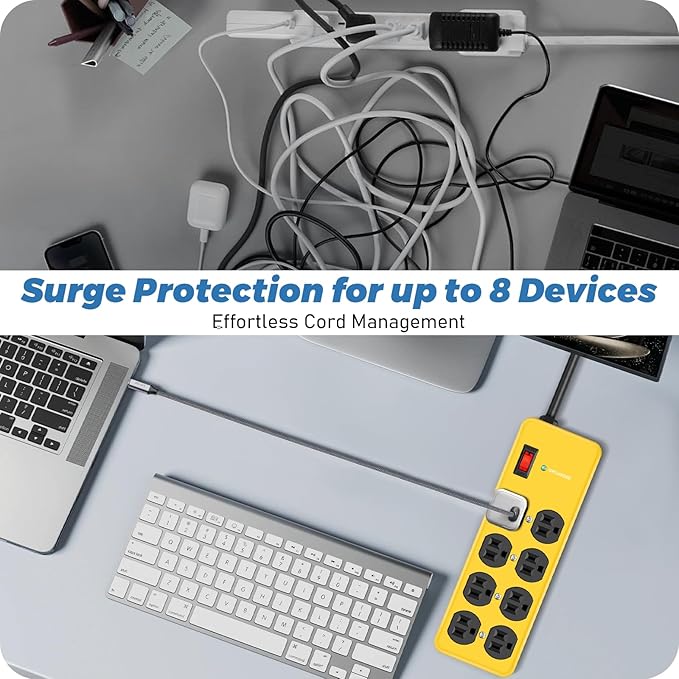 Wall Mount Power Strip,8 Outlet Heavy Duty Power Strip with 2700 Joules Surge,15Amp Metal Mountable Surge Protector for Home,Office,Garage & Workshop,14AWG Extension Cord