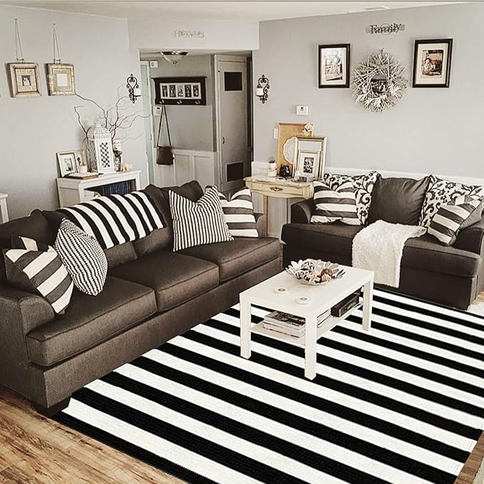 CAINANEL Black and White Area Rug 5' x 7' Indoor Outdoor Rug Hand Woven Farmhouse Striped Rug Outdoor Reversible Mat for Front Porch/Dining Room/Bedroom/Kitchen/Living Room Rug