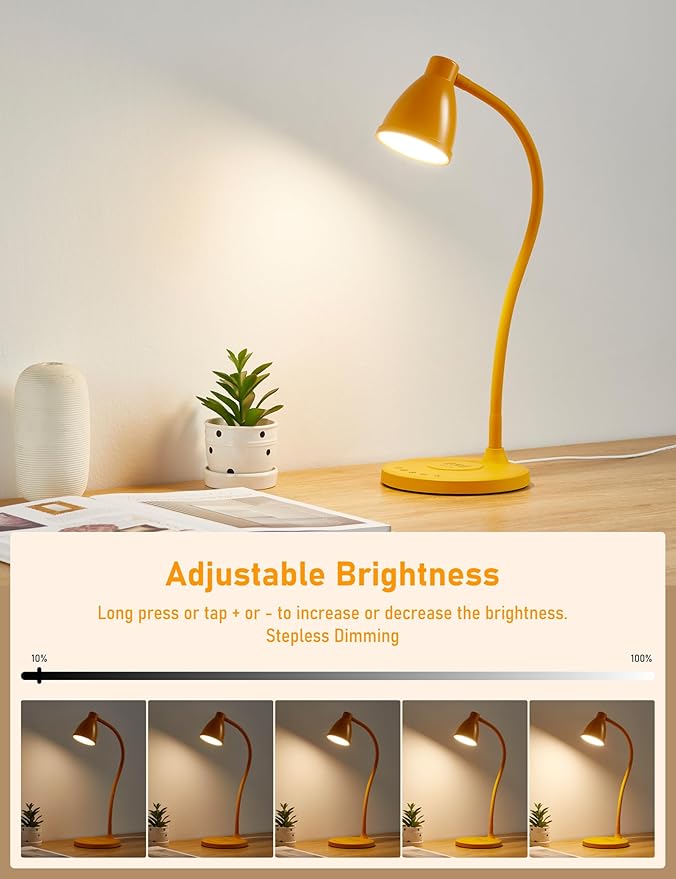 BOHON LED Desk Lamp with USB C+A Charging Ports Wireless Charger, 5 Colors Stepless Dimming Touch Reading Light, Flexible Gooseneck Lamp for Home Office Bedside Table College Dorm Room, Bright Yellow