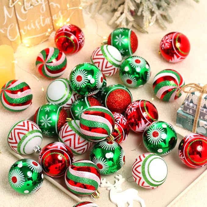 Christmas Ornaments Set, 30 pcs 2.36inch Red Green White Christmas Balls Ornaments for Christmas Tree Decorations Shatterproof Hanging Baubles Decoration for Xmas Thanksgiving Holiday Party Home Decor