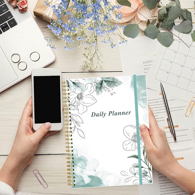 Daily Planner Undated - B5 To Do List Notebook Hourly Schedules, Spiral Appointment Planner for Women and Men, PVC Hardcover, Inner Pocket, Elastic Closure, 7" x 10", Teal Flowers
