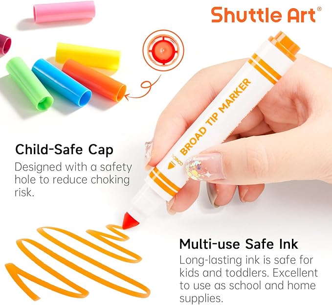 Shuttle Art 120 Count Washable Markers, 10 Assorted Colors Broad Line Conical Tip Large Markers Bulk with a Box, Home Classroom School Supplies for Toddlers Kids Adults Students Teachers