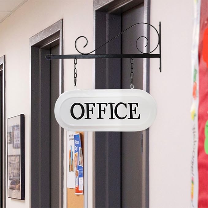 AuldHome Design Wall-Mounted Metal Office Sign, Farmhouse Enamelware 2-Sided Reception/Office Sign