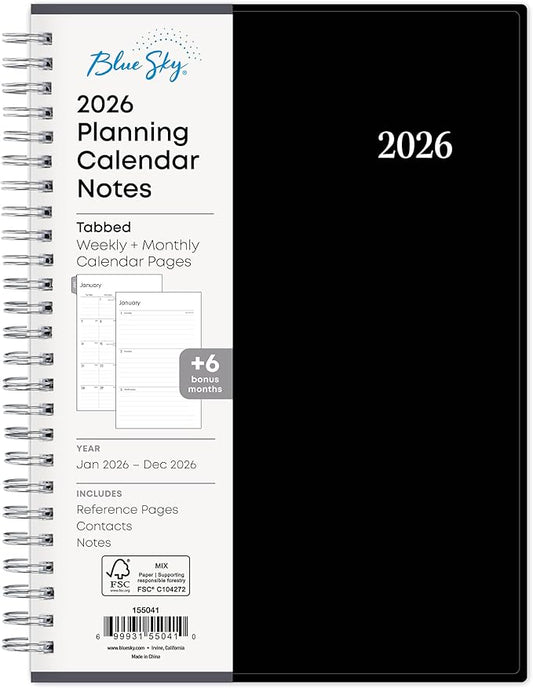 Blue Sky 2026 Weekly and Monthly Planner Calendar Notes, Includes January 2026 - December 2026, 5.875" x 8.625", Flexible Cover, Wirebound, 30 Extra Notes Sheets, Laminated Tabs, Enterprise