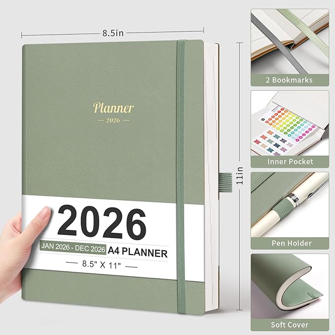 AHGXG 2026 Planner, Weekly and Monthly, Large A4 8.5"x11", Planner 2026-2027, Calendar 15-Months Jan 2026 - Mar 2027, Vegan Leather Softcover, Inner Pocket, Sage Green
