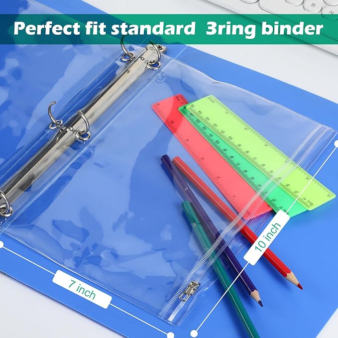 Lincia 48 Pack Clear Pencil Pouch for 3 Ring Binder Pencil Case with Metal Zipper 3 Ring Binder Pocket Inserts Bag 10 x 7'' Visible Cash Envelope with Re-enforced Grommet for College Office Supplies