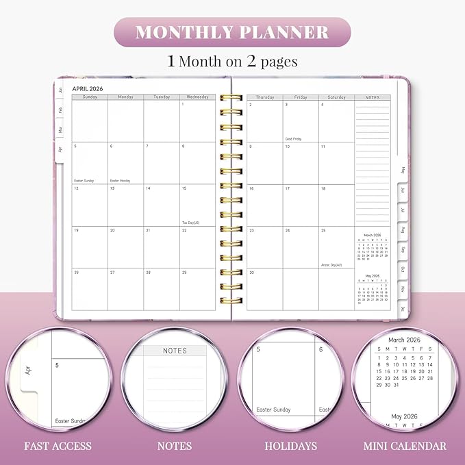 2026 Planner, A5 Weekly and Monthly Planners with Tabs, Spiral Bound Daily Calendar 2026 Planner, Agenda Organizers from Jan. to Dec., Hardcover Habit Tracker Journal 6.18" x 8.5"(Light Purple)
